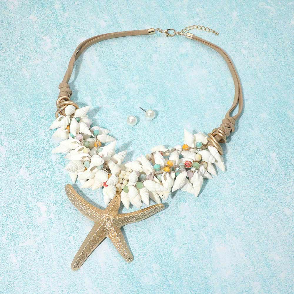 Bold Starfish Pendant Accent Shell Beaded Cord Statement Necklace