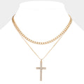 Gold Dipped Stone Paved Cross Pendant Cuban Chain Layered Necklace