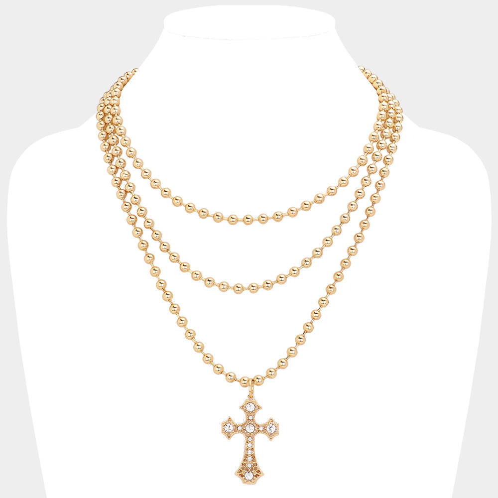SECRET BOX_Stone Pointed Cross Pendant Bubble Chain Triple Layered Necklace