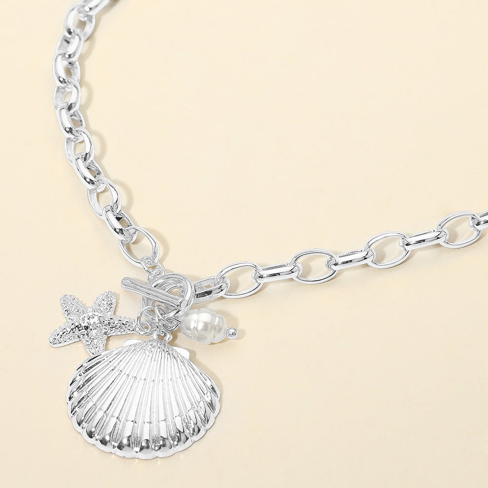 Seashell Starfish Pearl Charm Toggle Chunky Chain Necklace