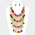 Rainbow Round Wood Metal Disc Cluster Statement Necklace