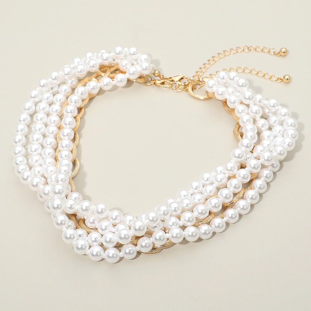 2PCS - Chunky Textured Metal Link Multi Layered Pearl Strand Necklaces