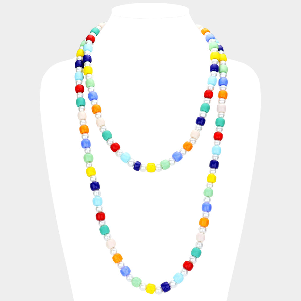 Colorful Bead Pointed Pearl Double Layered Bib Necklace