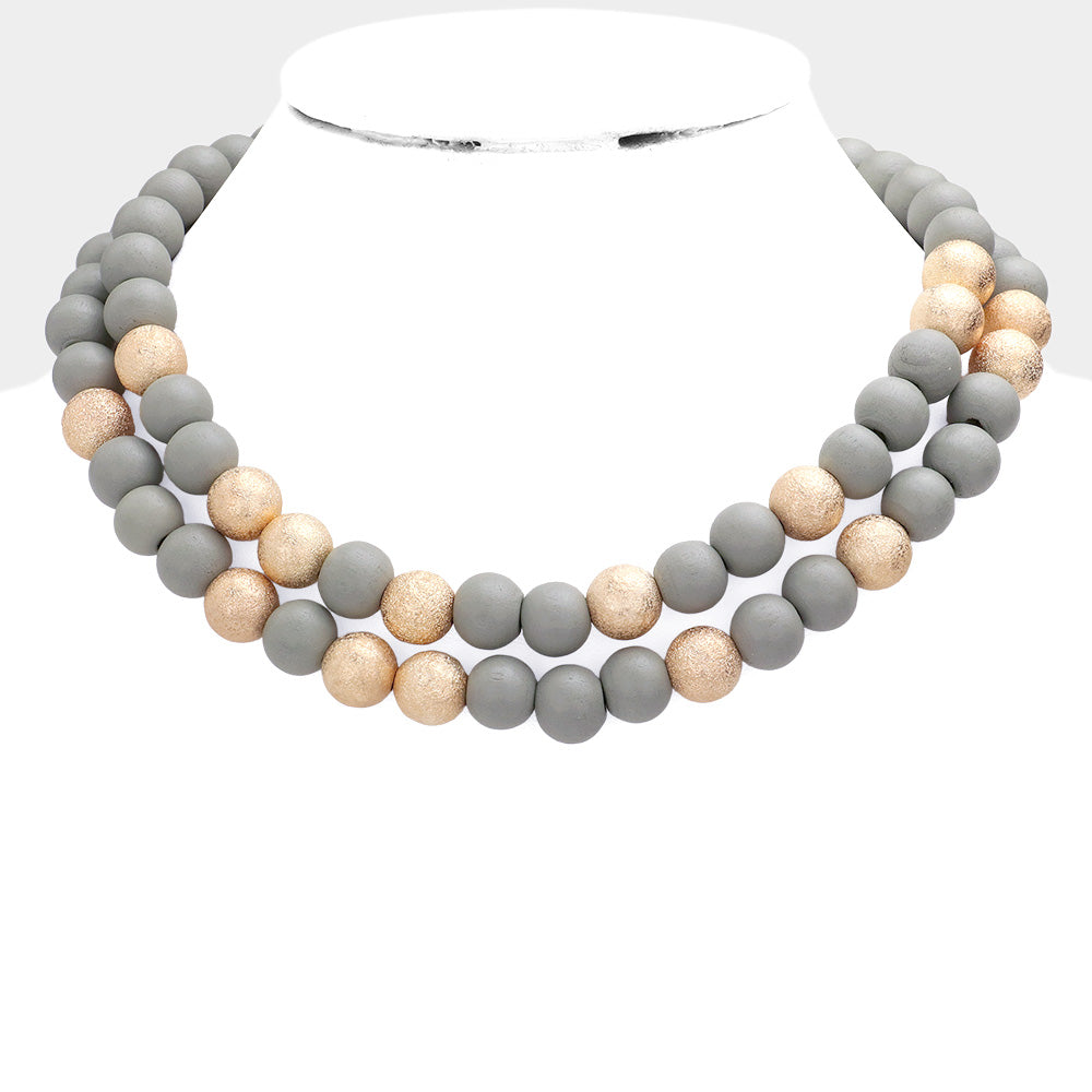 Mardi Gras Brass Metal Wood Ball Double Layered Necklace