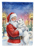 American Eskimo with Santa Claus House Flag 28x40 Porch Sleeve Pole Decorative Outside Yard Banner Artwork Wall Hanging, Polyester