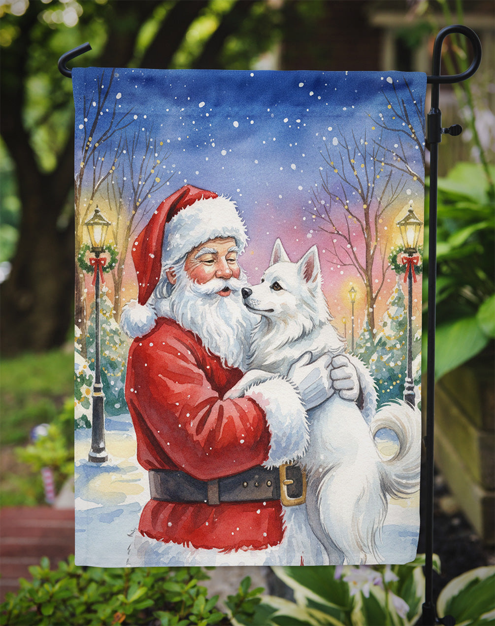 American Eskimo with Santa Claus Garden Flag Mailbox Decorative Yard Banner Outside Patio Artwork for Flower Beds, Garden Size, Multicolor