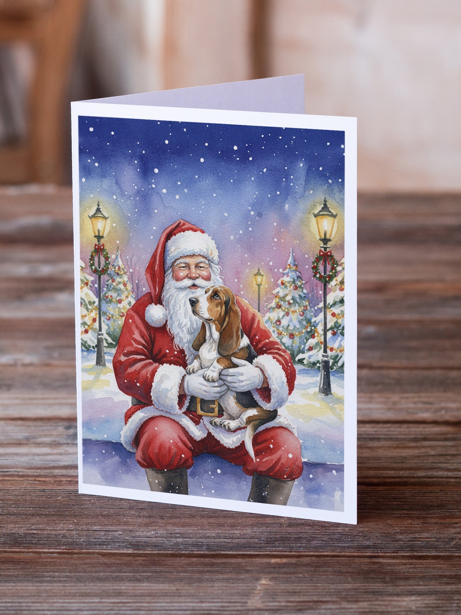 Basset Hound with Santa Claus Greeting Cards Pack of 8 Blank Cards with Envelopes Whimsical A7 Size 5x7