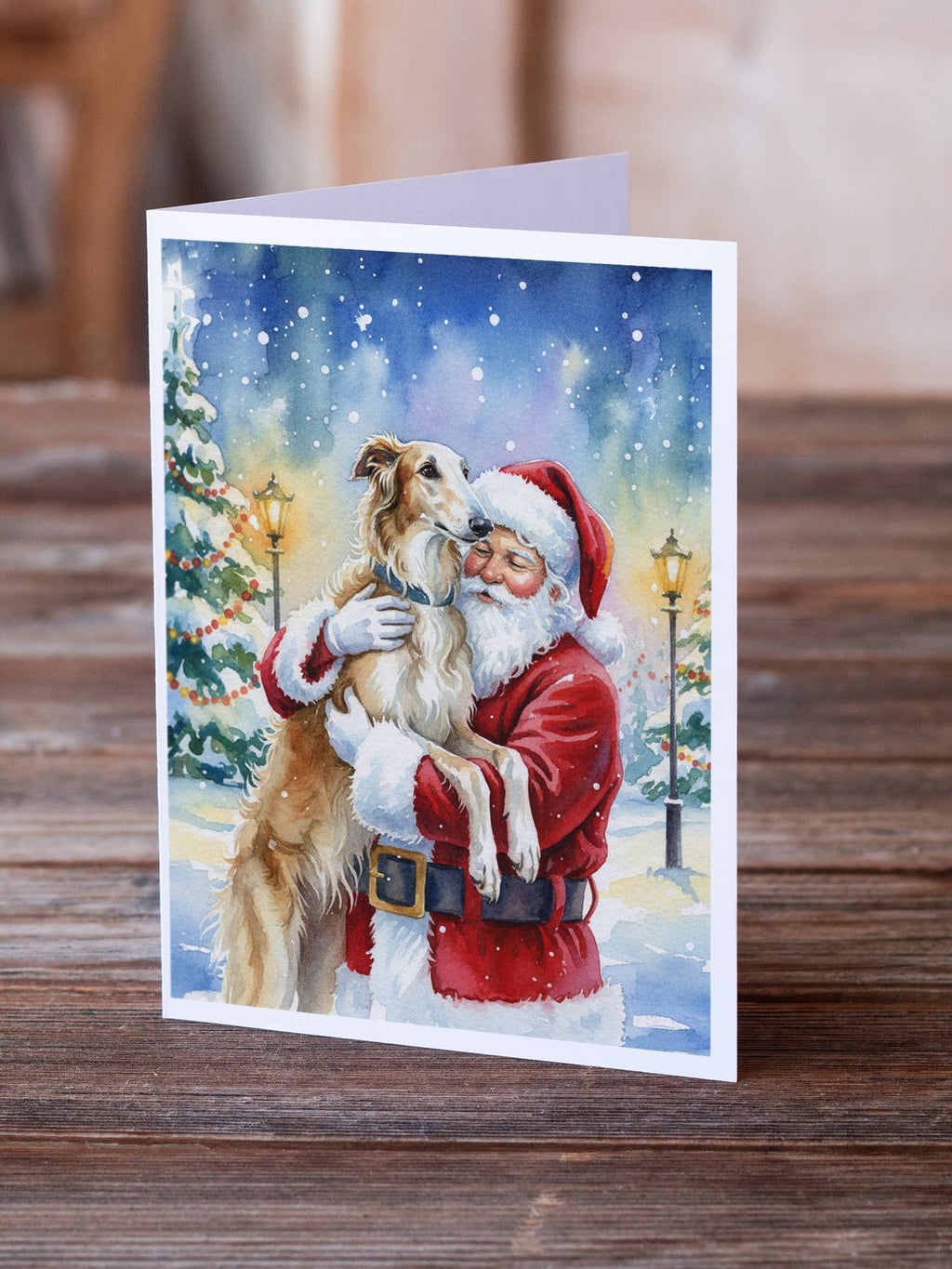 Borzoi/ with Santa Claus Greeting Cards Pack of 8 Blank Cards with Envelopes Whimsical A7 Size 5x7