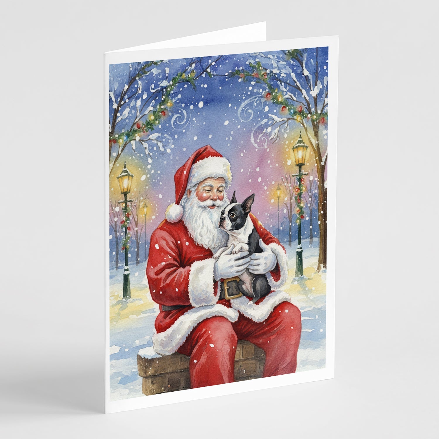 Boston Terrier with Santa Claus Greeting Cards Pack of 8 Blank Cards with Envelopes Whimsical A7 Size 5x7