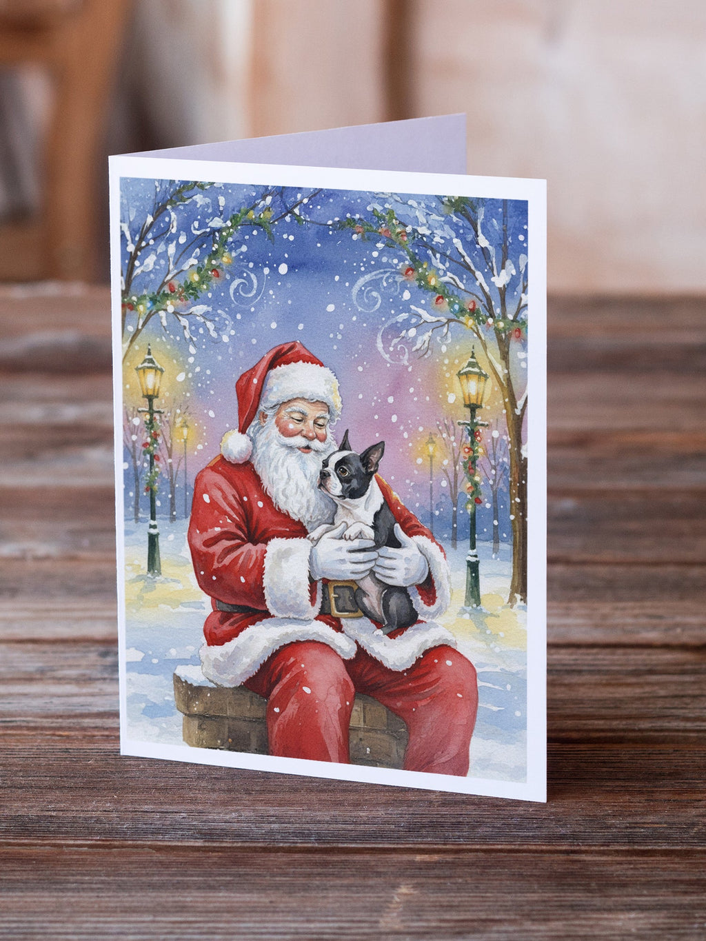 Boston Terrier with Santa Claus Greeting Cards Pack of 8 Blank Cards with Envelopes Whimsical A7 Size 5x7