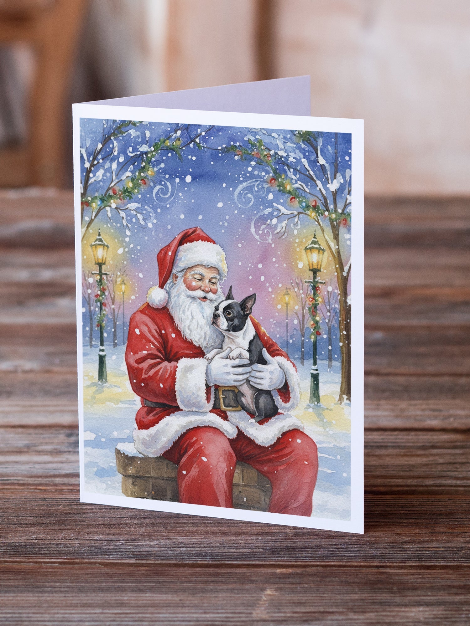 Boston Terrier with Santa Claus Greeting Cards Pack of 8 Blank Cards with Envelopes Whimsical A7 Size 5x7