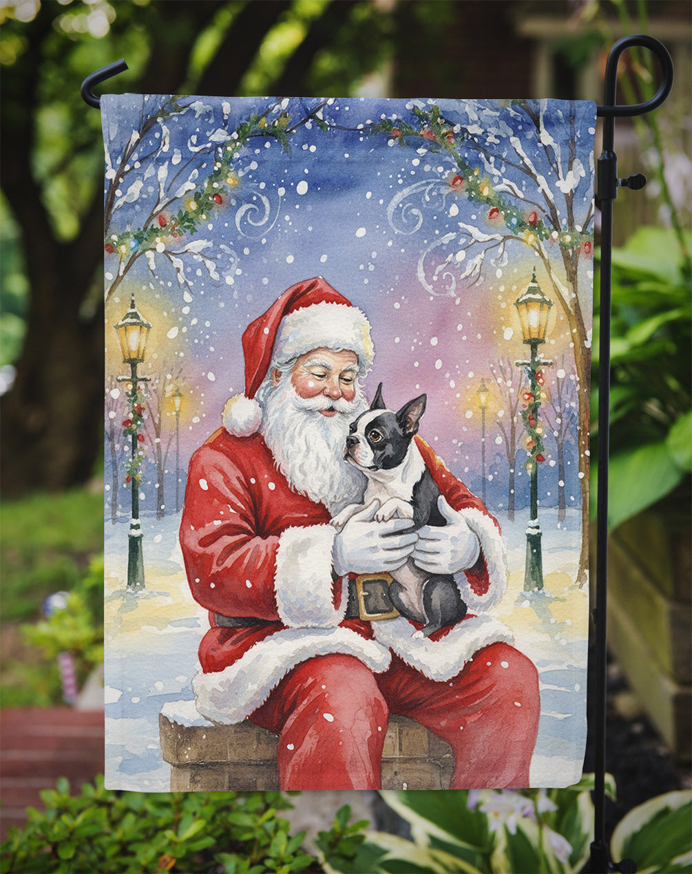 Boston Terrier with Santa Claus Garden Flag Mailbox Decorative Yard Banner Outside Patio Artwork for Flower Beds, Garden Size, Multicolor
