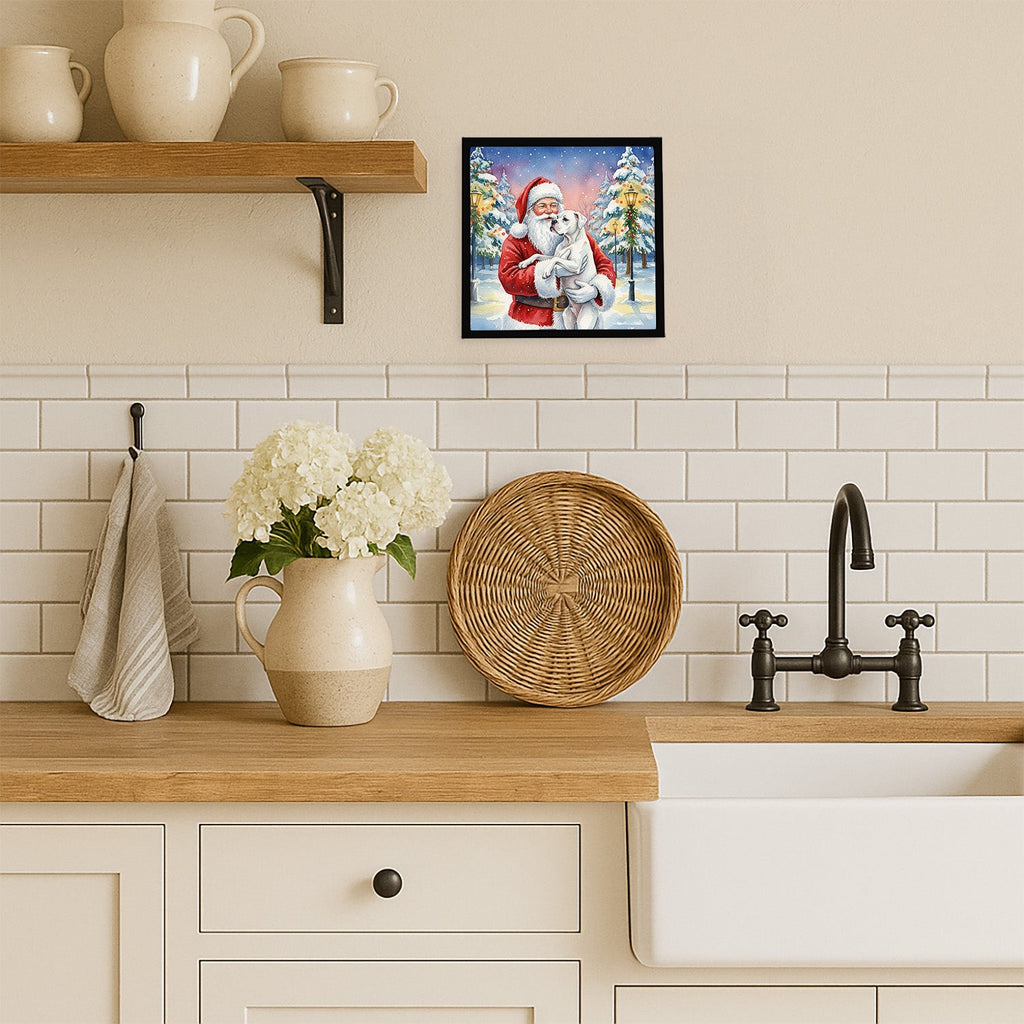 White Boxer with Santa Claus Framed Metal Print Bathroom, Kitchen, Office, Home Decor Wall Art Ready to Hang, Square, 8X8
