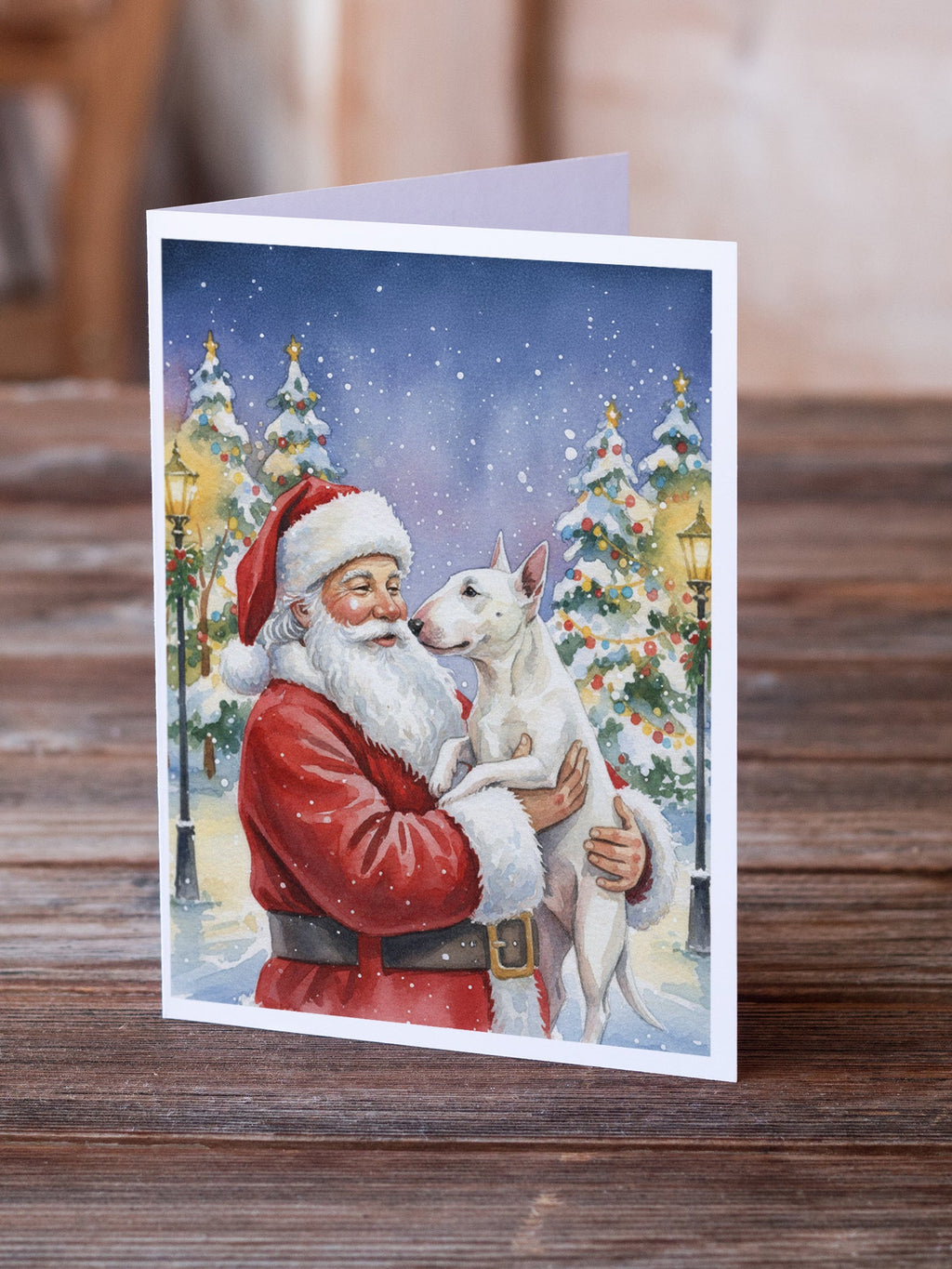 Bull Terrier with Santa Claus Greeting Cards Pack of 8 Blank Cards with Envelopes Whimsical A7 Size 5x7