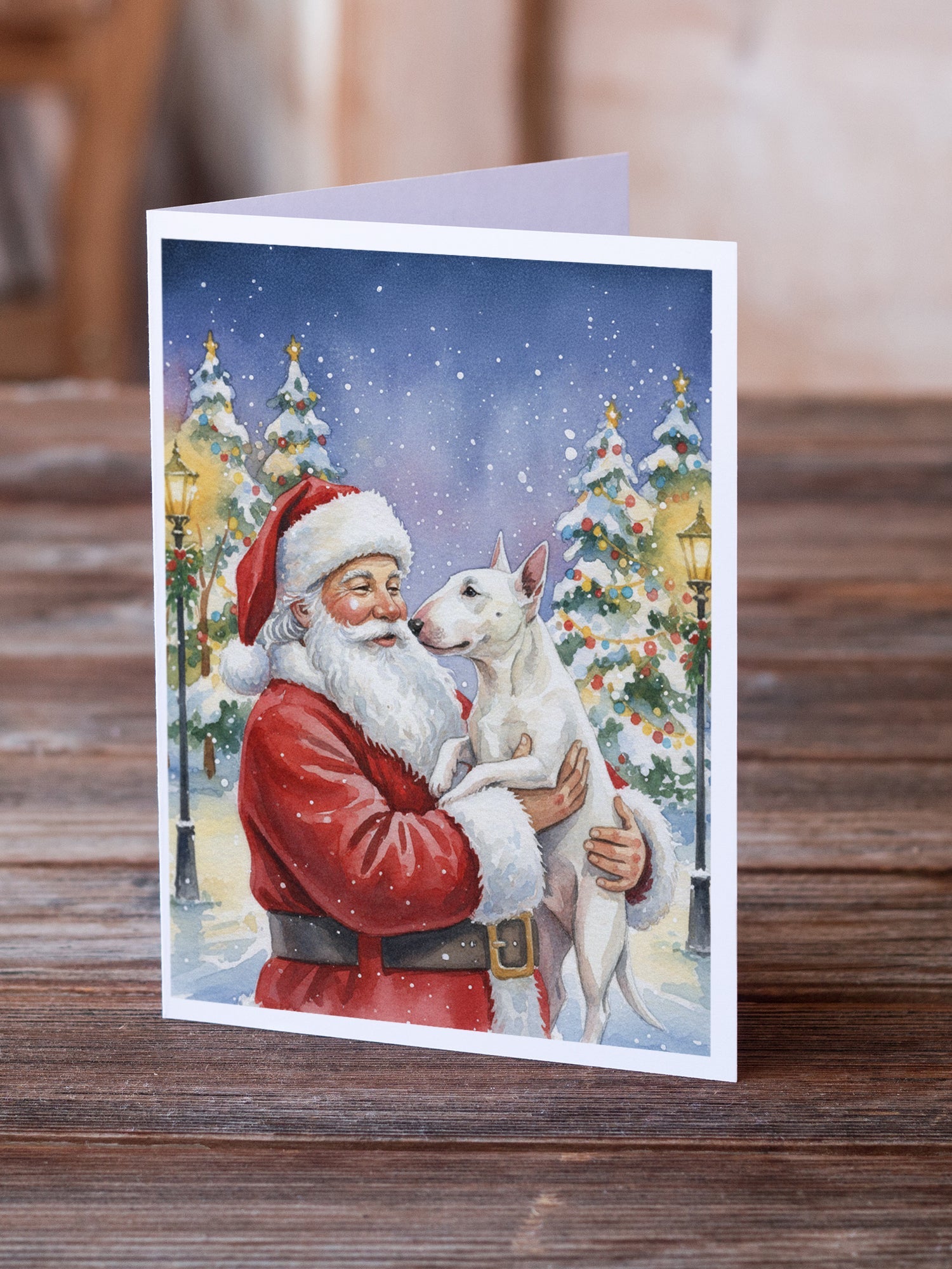Bull Terrier with Santa Claus Greeting Cards Pack of 8 Blank Cards with Envelopes Whimsical A7 Size 5x7