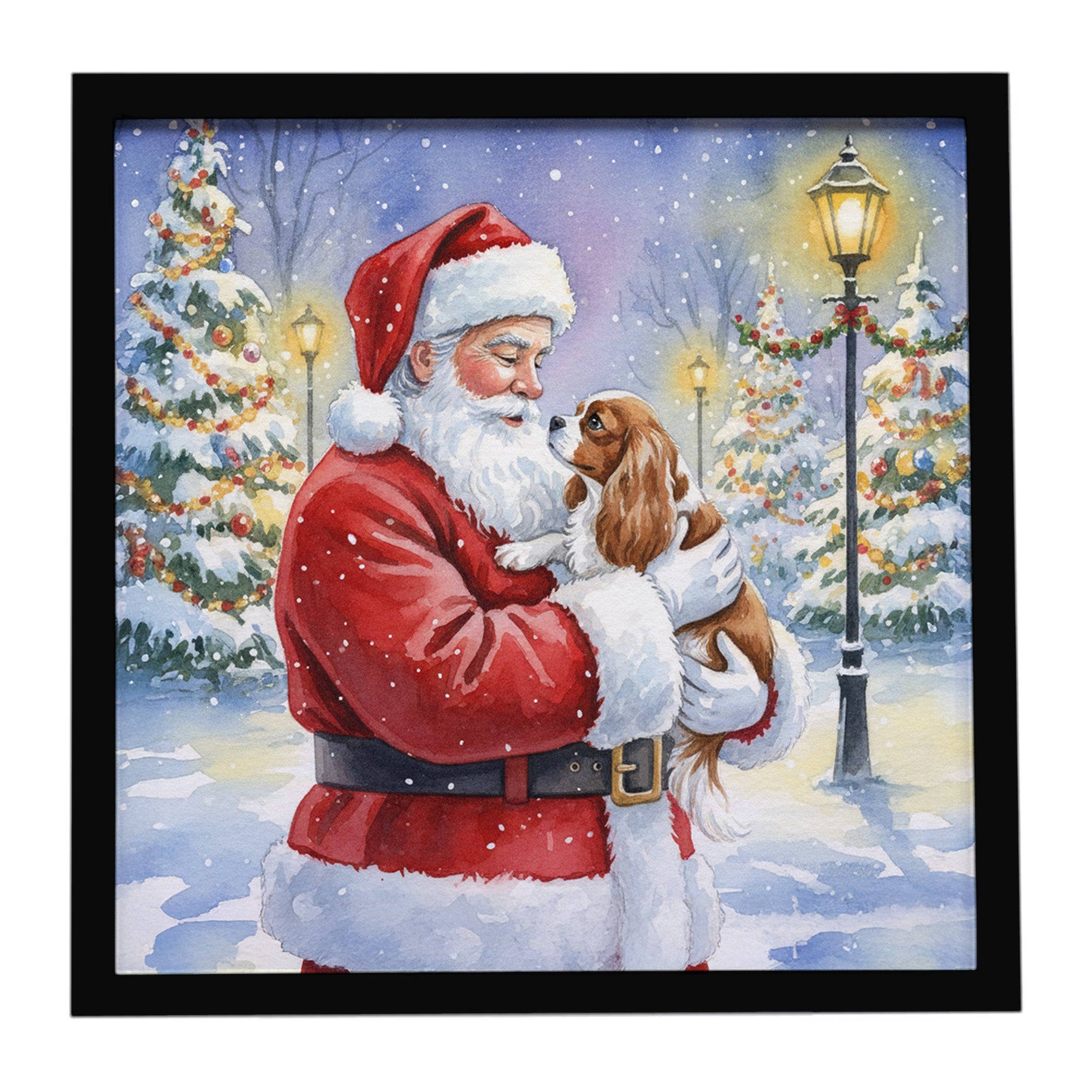 Cavalier Spaniel with Santa Claus Framed Metal Print Bathroom, Kitchen, Office, Home Decor Wall Art Ready to Hang, Square, 8X8