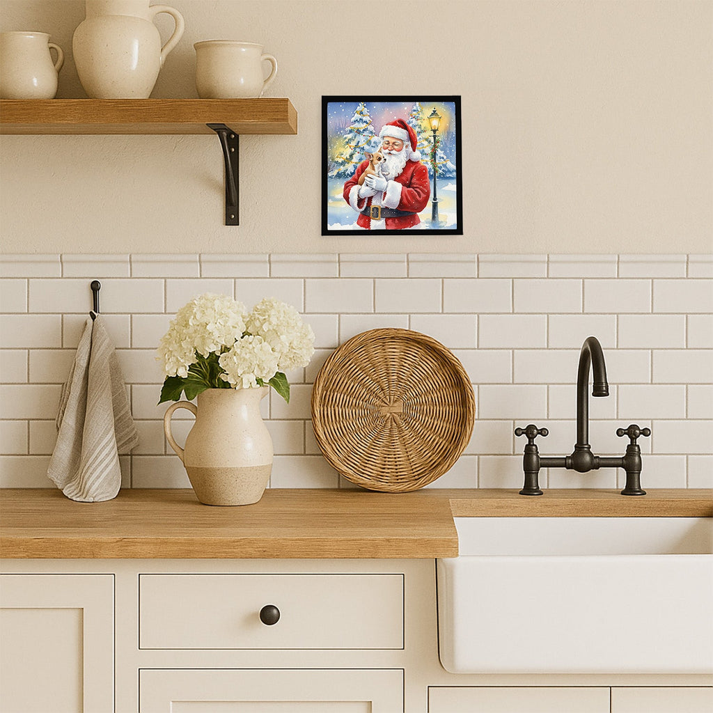Chihuahua with Santa Claus Framed Metal Print Bathroom, Kitchen, Office, Home Decor Wall Art Ready to Hang, Square, 8X8