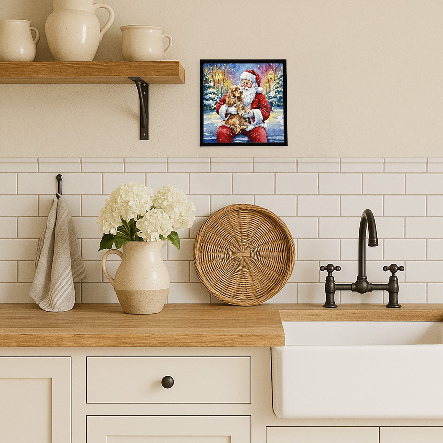 Cocker Spaniel with Santa Claus Framed Metal Print Bathroom, Kitchen, Office, Home Decor Wall Art Ready to Hang, Square, 8X8