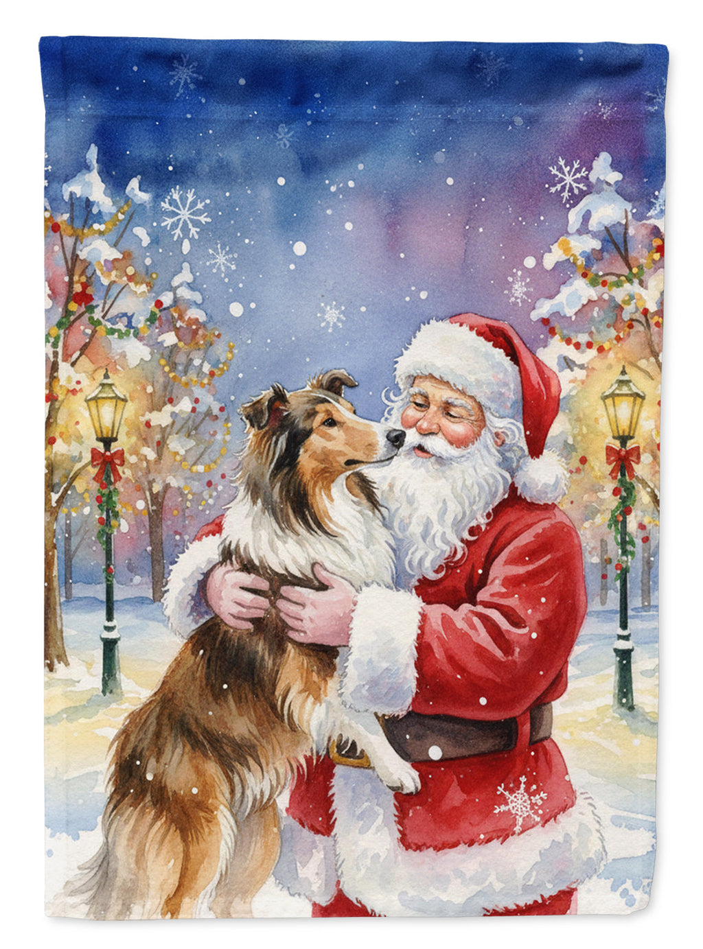 Collie with Santa Claus House Flag 28x40 Porch Sleeve Pole Decorative Outside Yard Banner Artwork Wall Hanging, Polyester