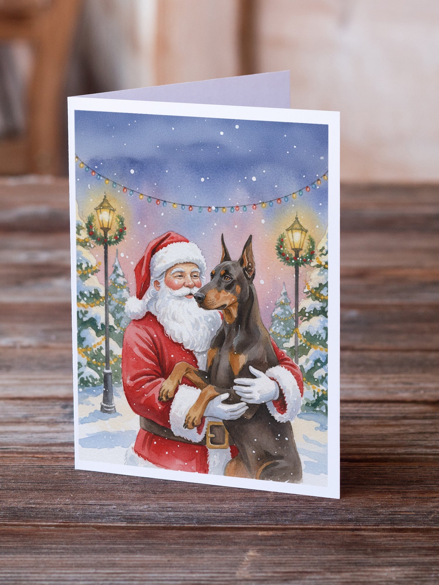 Fawn Doberman Pinscher with Santa Claus Greeting Cards Pack of 8 Blank Cards with Envelopes Whimsical A7 Size 5x7