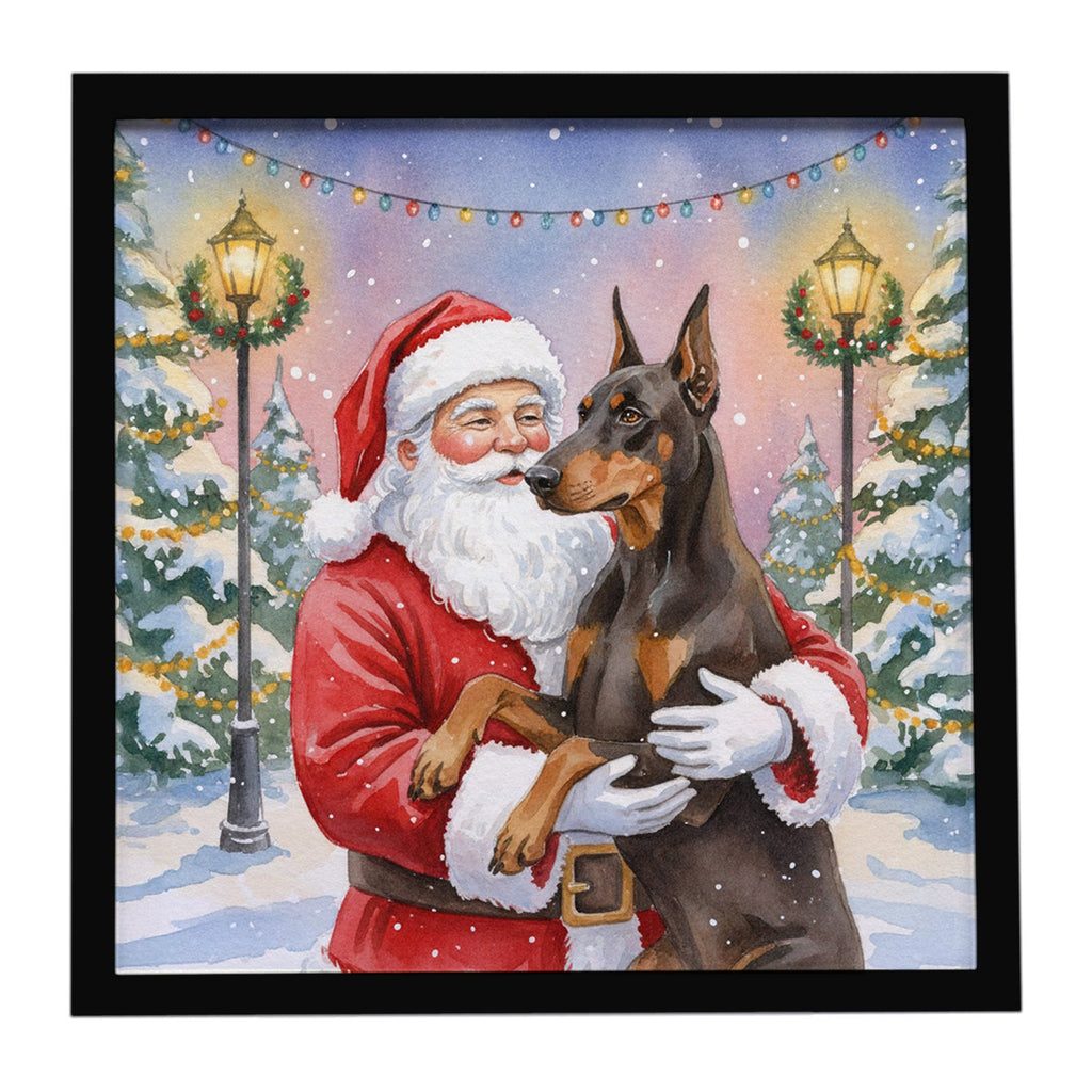 Fawn Doberman Pinscher with Santa Claus Framed Metal Print Bathroom, Kitchen, Office, Home Decor Wall Art Ready to Hang, Square, 8X8