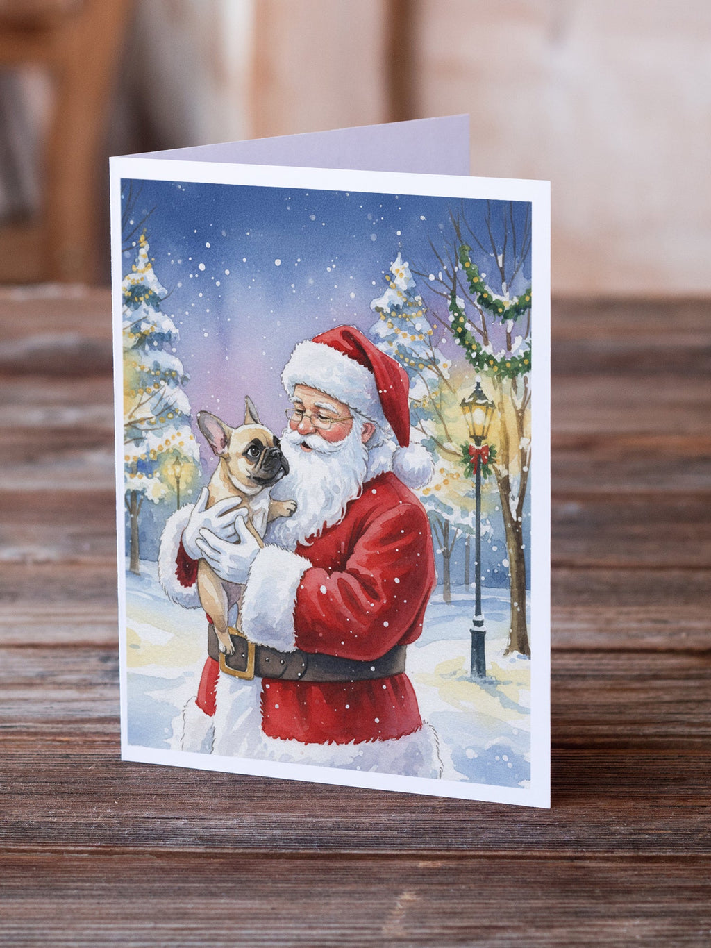 French Bulldog with Santa Claus Greeting Cards Pack of 8 Blank Cards with Envelopes Whimsical A7 Size 5x7