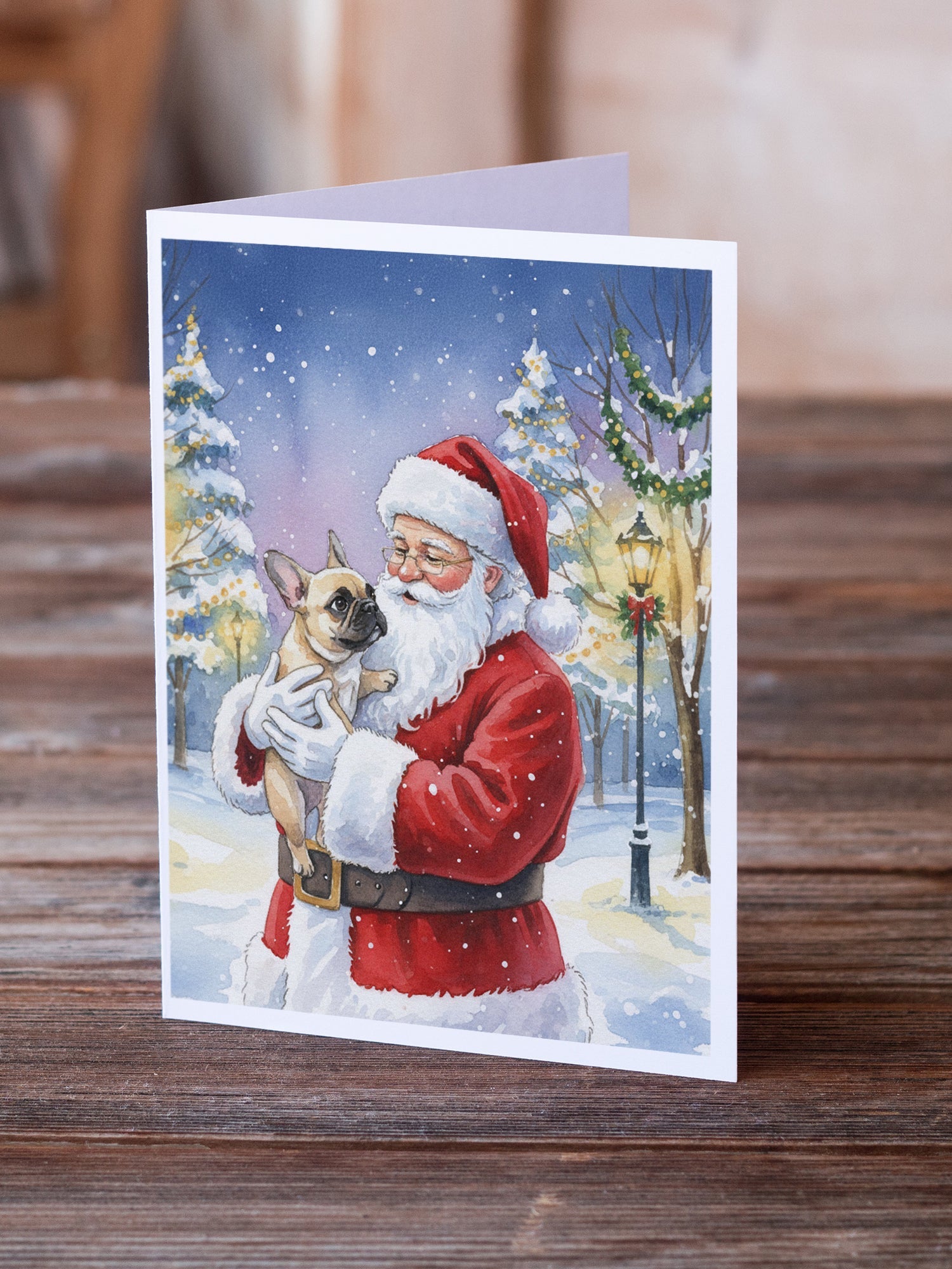 French Bulldog with Santa Claus Greeting Cards Pack of 8 Blank Cards with Envelopes Whimsical A7 Size 5x7