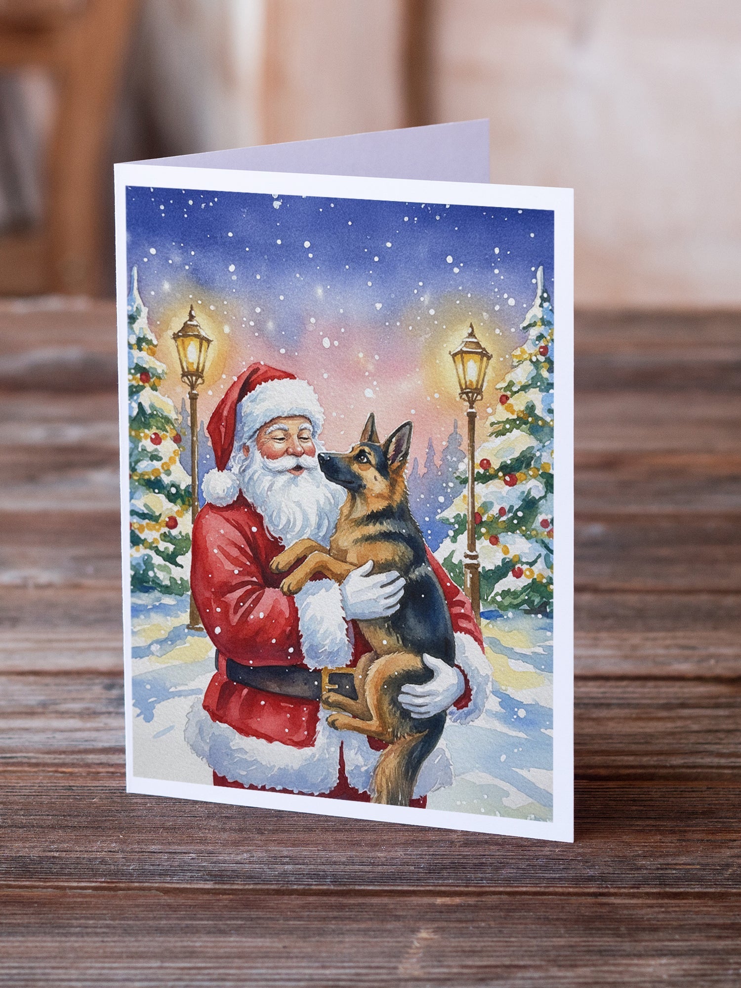 German Shepherd with Santa Claus Greeting Cards Pack of 8 Blank Cards with Envelopes Whimsical A7 Size 5x7