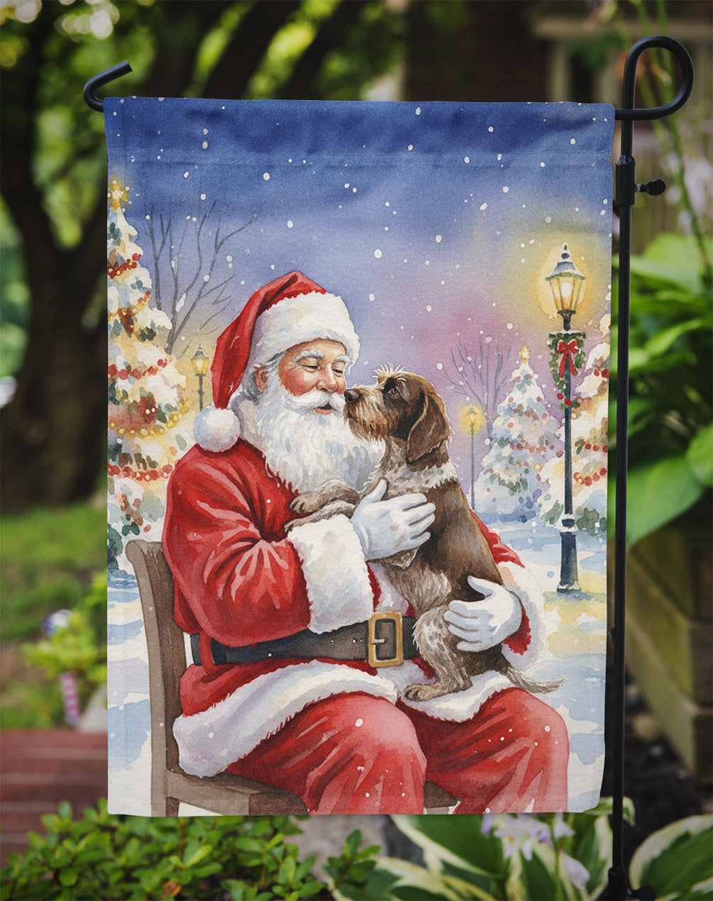 German Wirehaired Pointer with Santa Claus Garden Flag Mailbox Decorative Yard Banner Outside Patio Artwork for Flower Beds, Garden Size, Multicolor