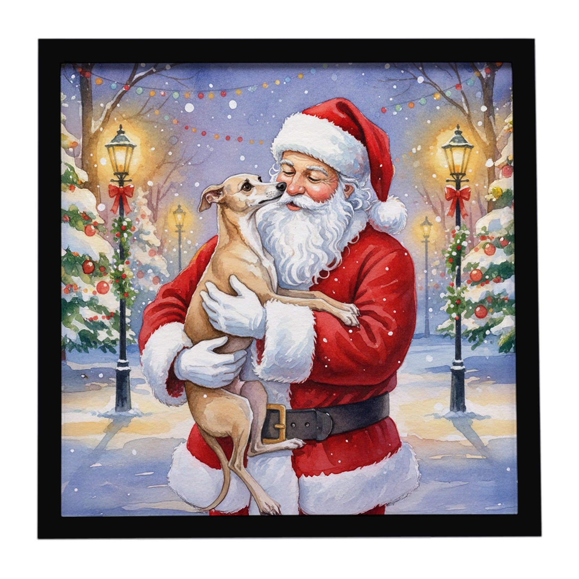 Italian Greyhound with Santa Claus Framed Metal Print Bathroom, Kitchen, Office, Home Decor Wall Art Ready to Hang, Square, 8X8