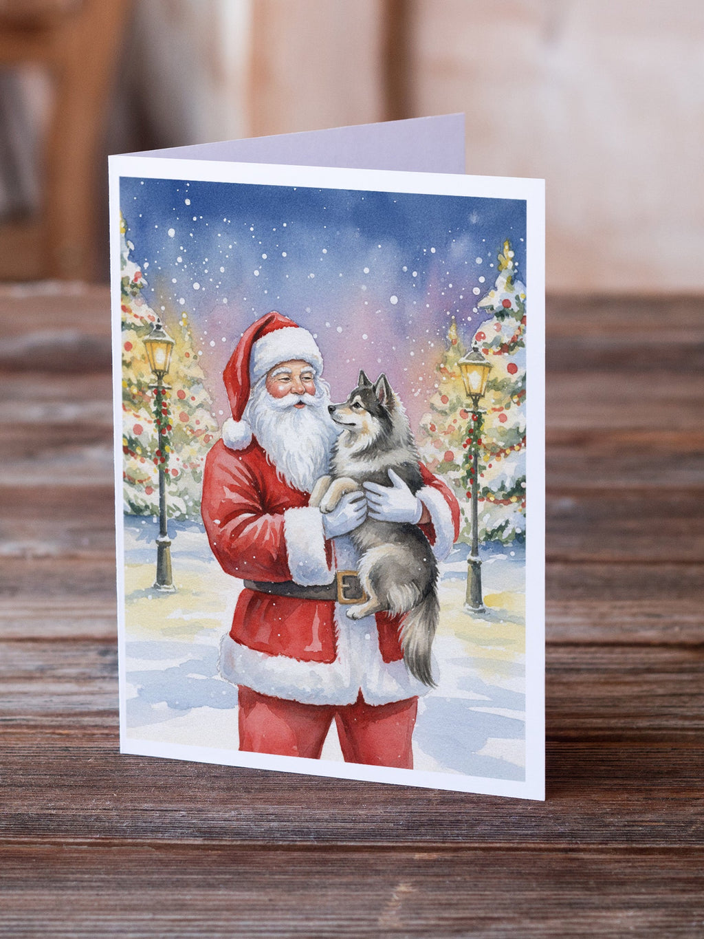 Keeshond with Santa Claus Greeting Cards Pack of 8 Blank Cards with Envelopes Whimsical A7 Size 5x7