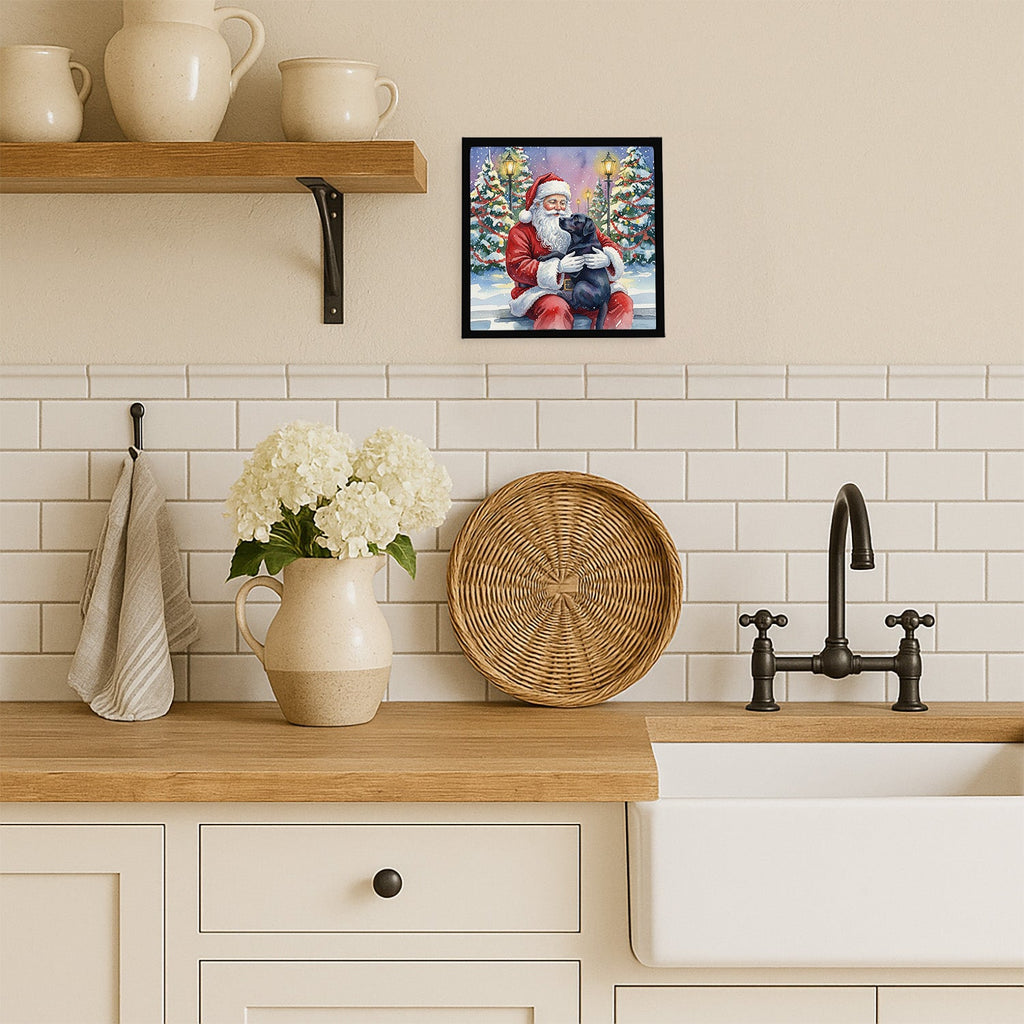 Black Labrador Retriever with Santa Claus Framed Metal Print Bathroom, Kitchen, Office, Home Decor Wall Art Ready to Hang, Square, 8X8