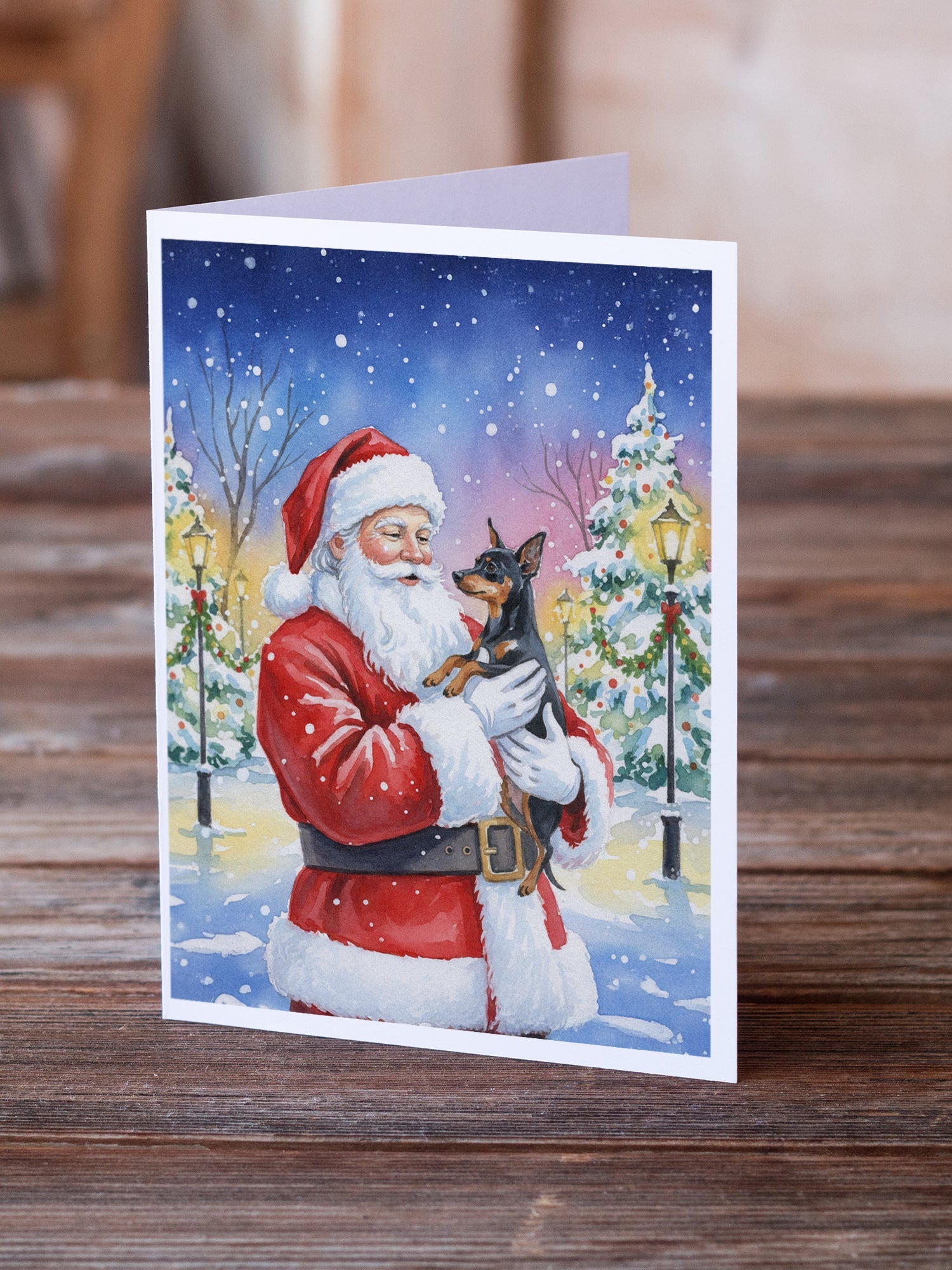 Miniature Pinscher with Santa Claus Greeting Cards Pack of 8 Blank Cards with Envelopes Whimsical A7 Size 5x7