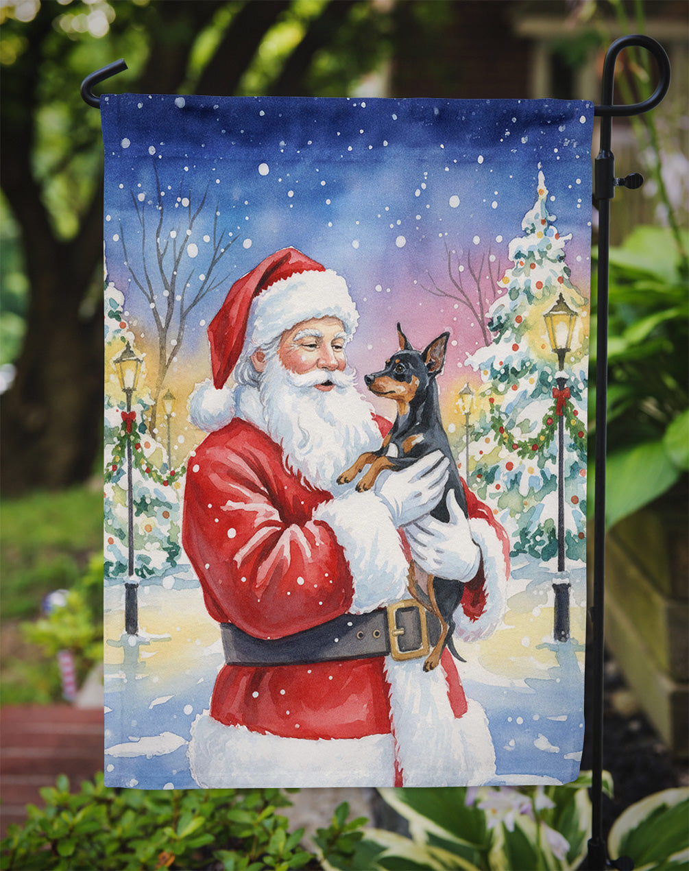 Miniature Pinscher with Santa Claus Garden Flag Mailbox Decorative Yard Banner Outside Patio Artwork for Flower Beds, Garden Size, Multicolor