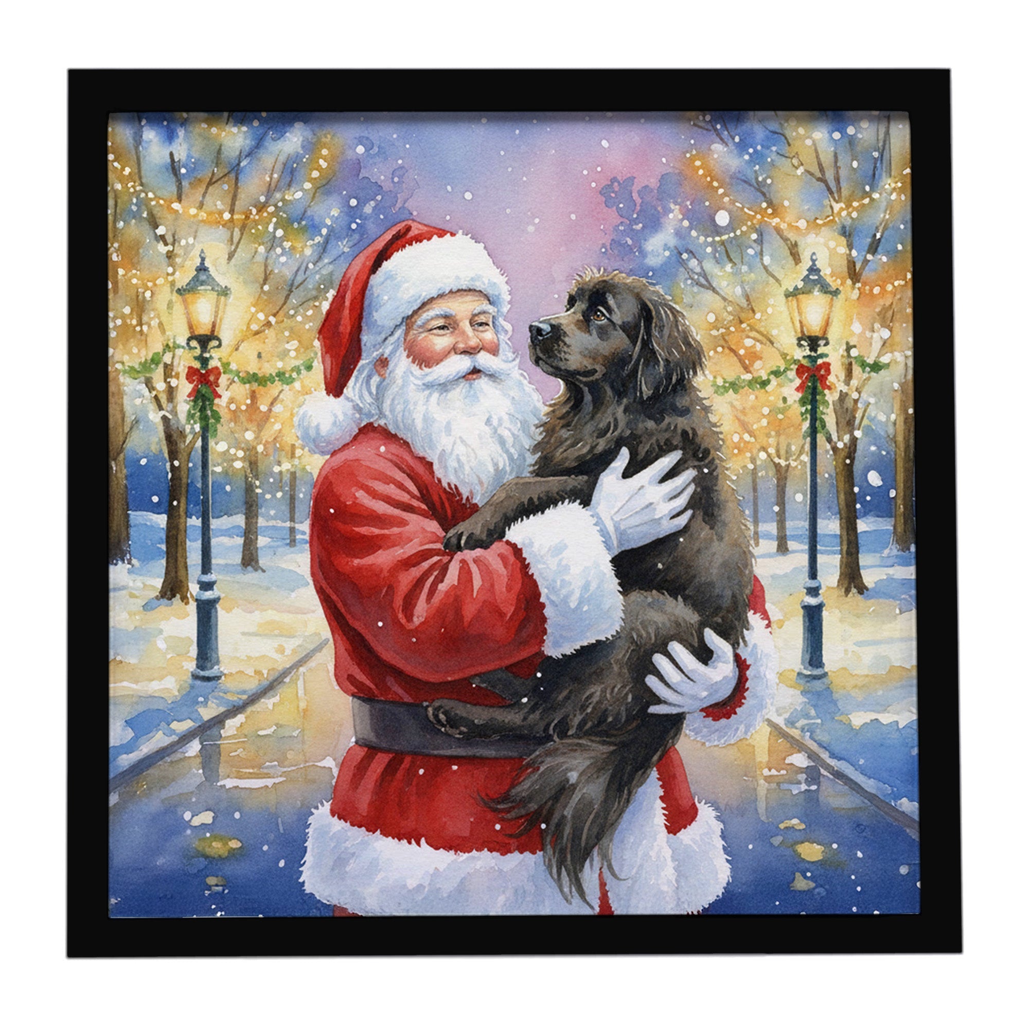 Newfoundland with Santa Claus Framed Metal Print Bathroom, Kitchen, Office, Home Decor Wall Art Ready to Hang, Square, 8X8