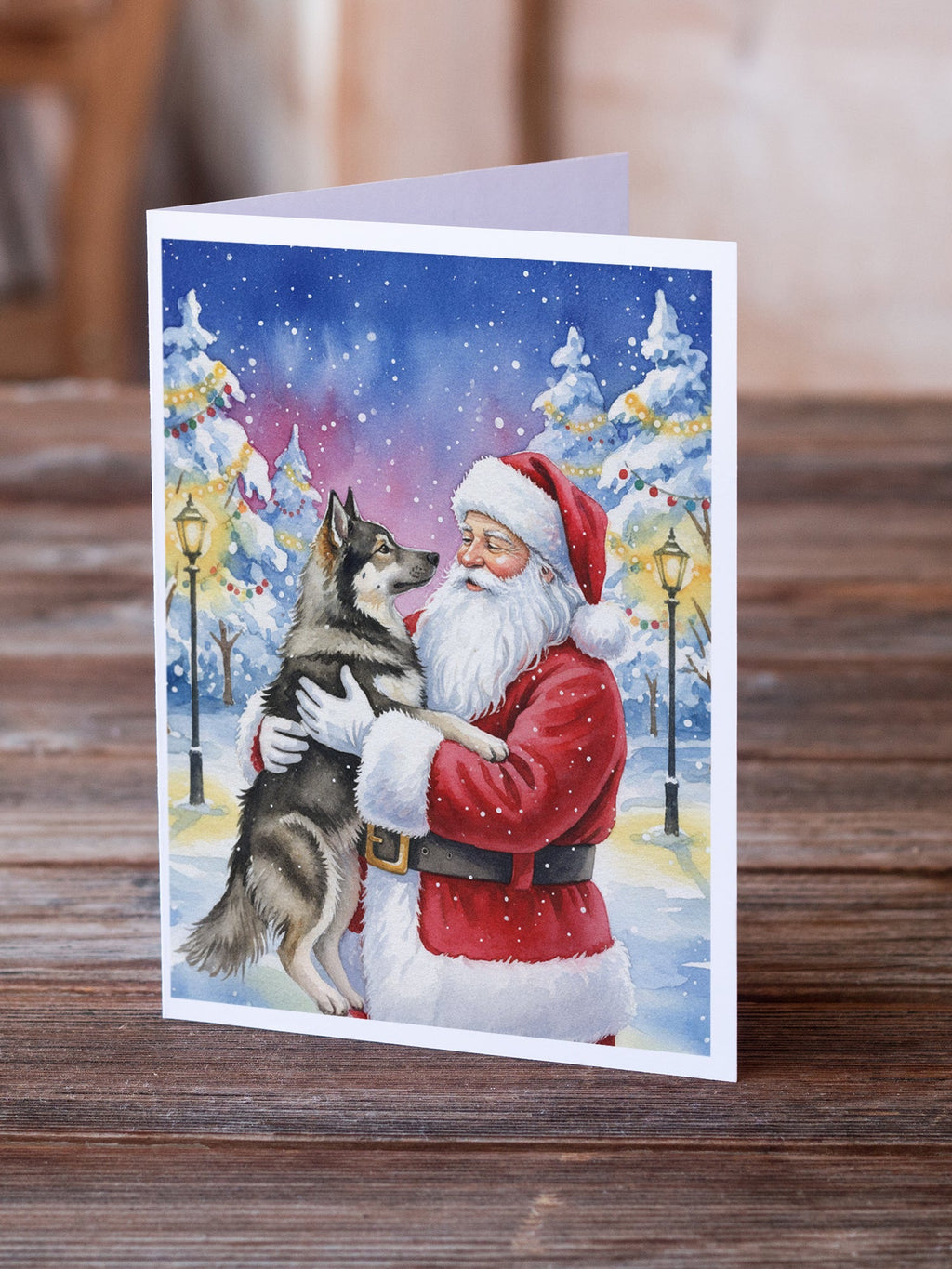 Norwegian Elkhound with Santa Claus Greeting Cards Pack of 8 Blank Cards with Envelopes Whimsical A7 Size 5x7