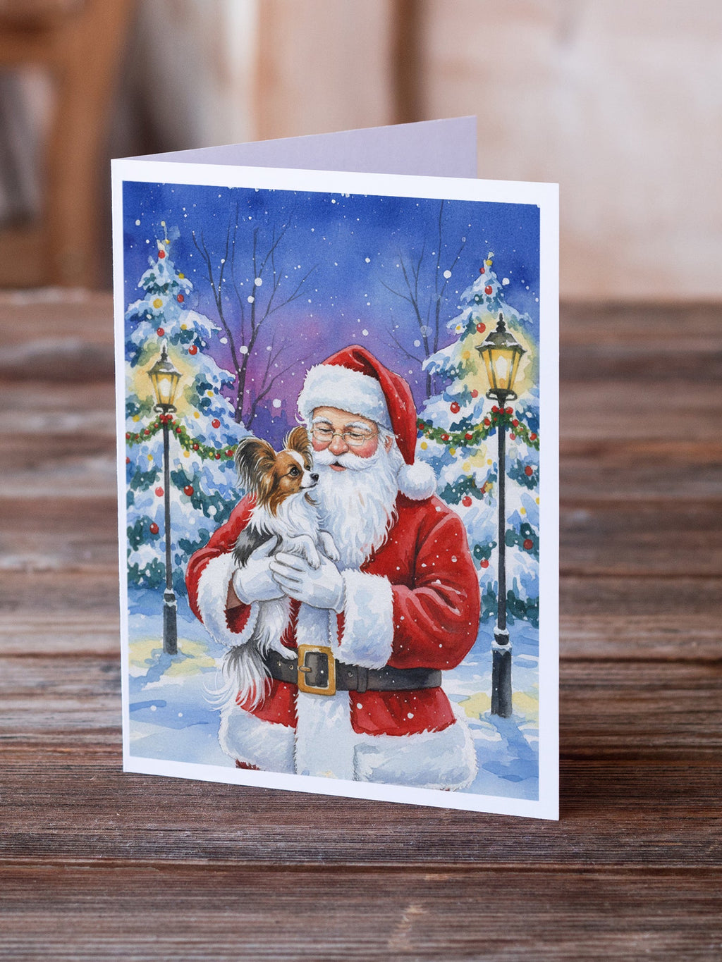 Papillon with Santa Claus Greeting Cards Pack of 8 Blank Cards with Envelopes Whimsical A7 Size 5x7