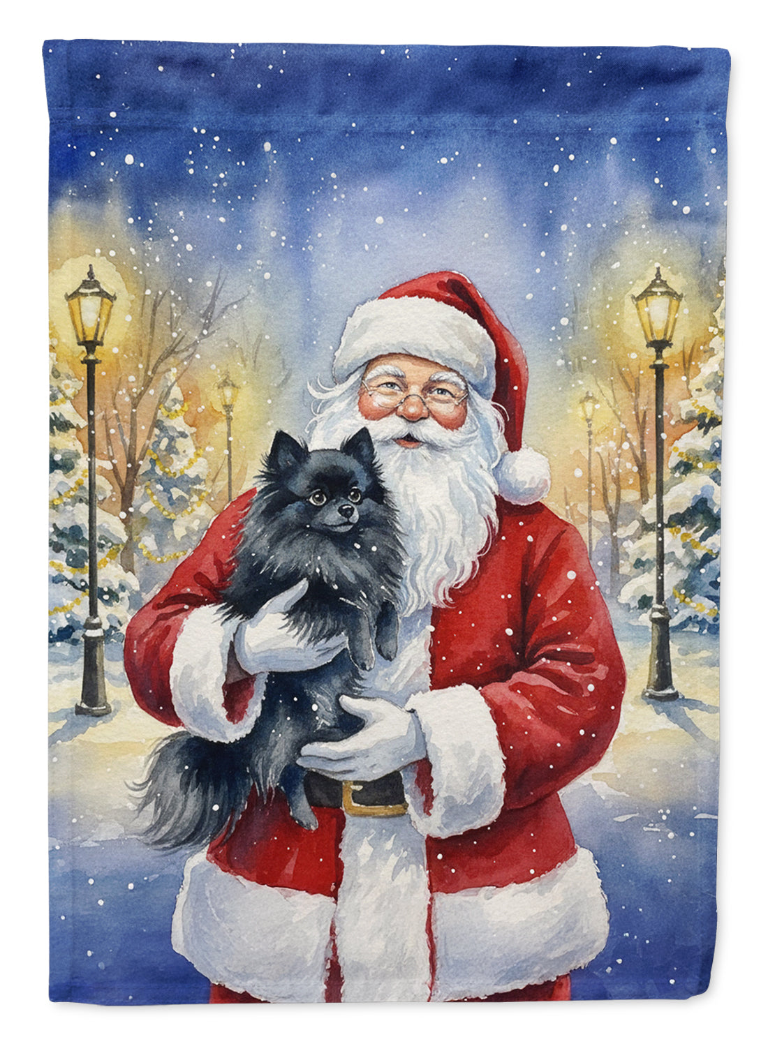 Black Pomeranian with Santa Claus House Flag 28x40 Porch Sleeve Pole Decorative Outside Yard Banner Artwork Wall Hanging, Polyester