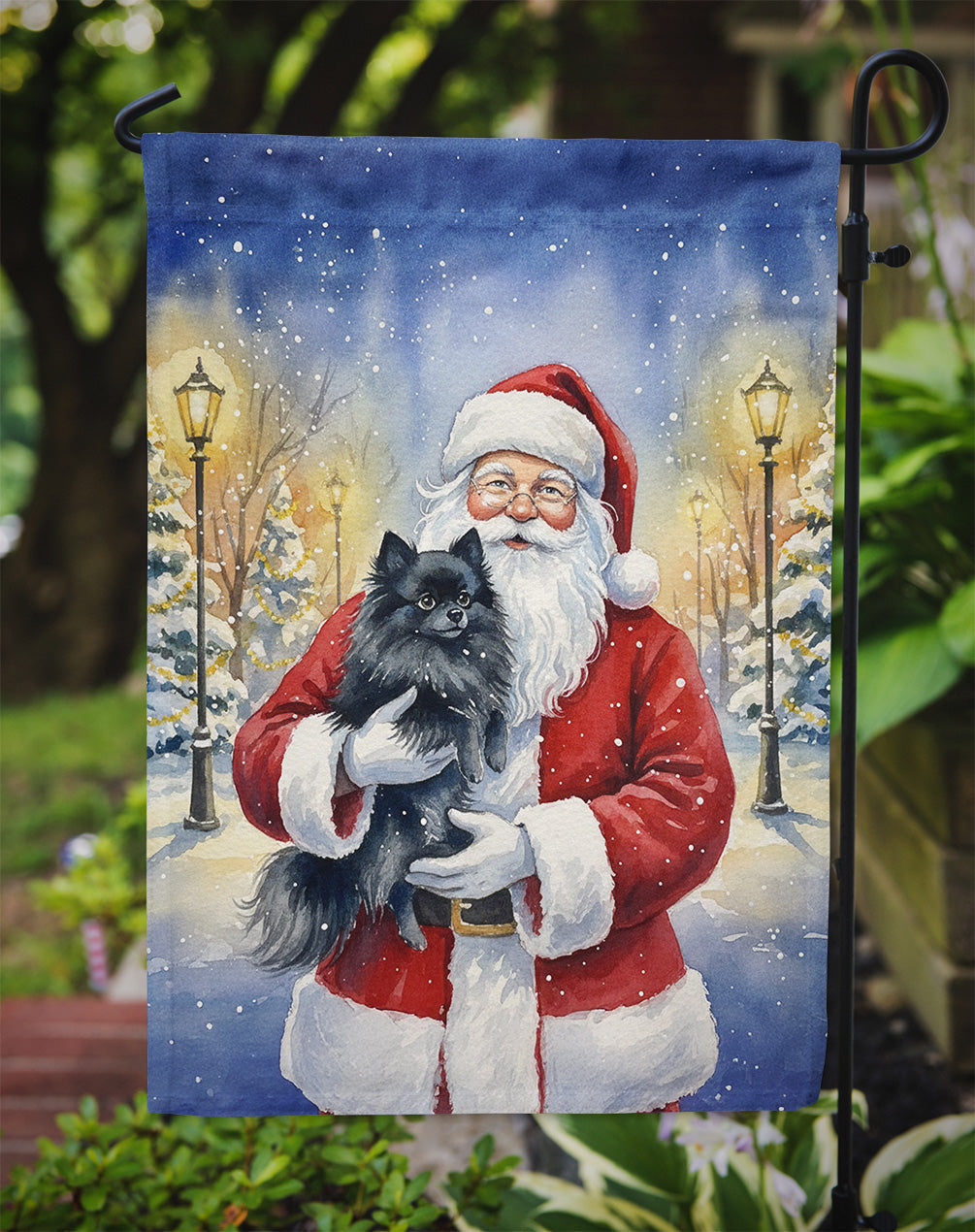 Black Pomeranian with Santa Claus Garden Flag Mailbox Decorative Yard Banner Outside Patio Artwork for Flower Beds, Garden Size, Multicolor