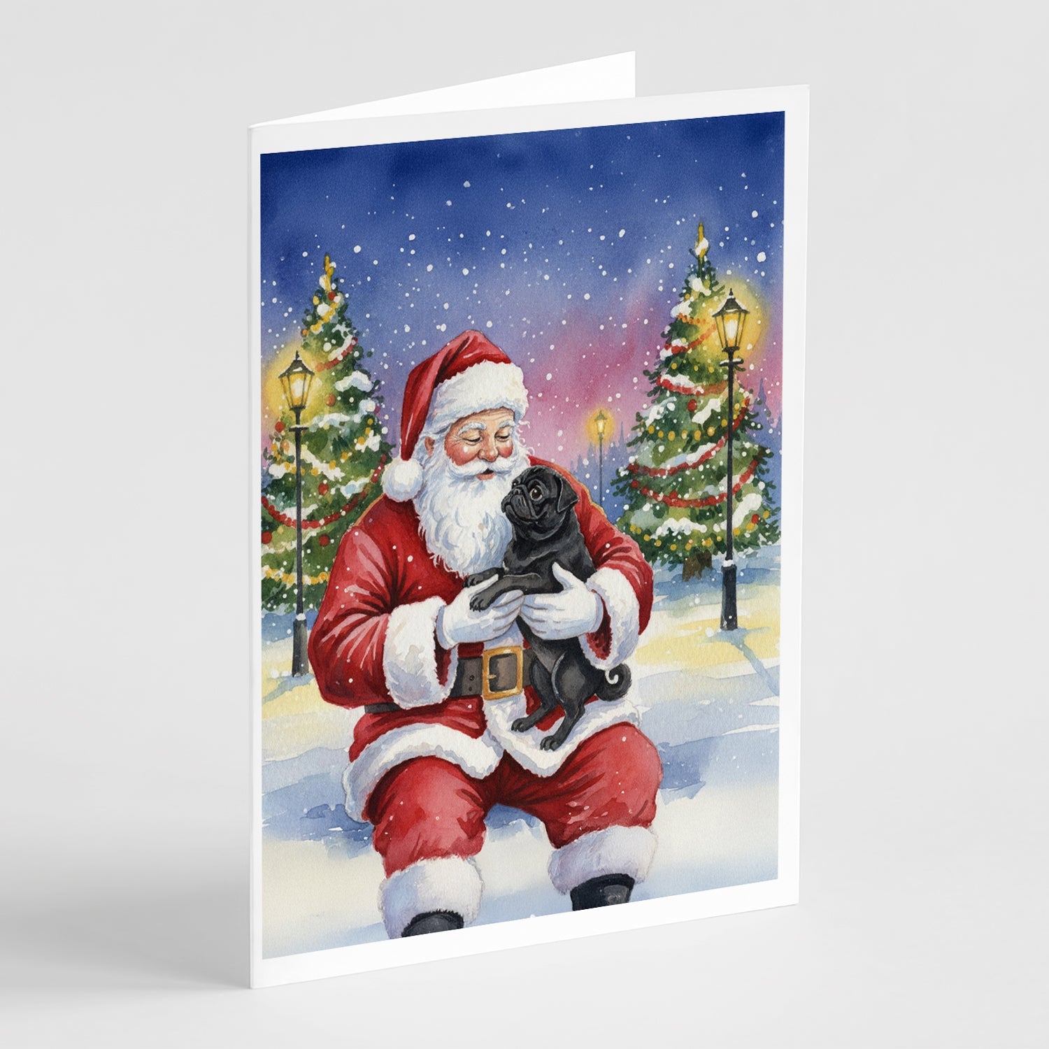 Black Pug with Santa Claus Greeting Cards Pack of 8 Blank Cards with Envelopes Whimsical A7 Size 5x7