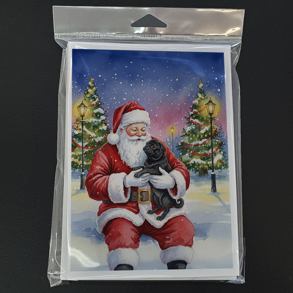 Black Pug with Santa Claus Greeting Cards Pack of 8 Blank Cards with Envelopes Whimsical A7 Size 5x7