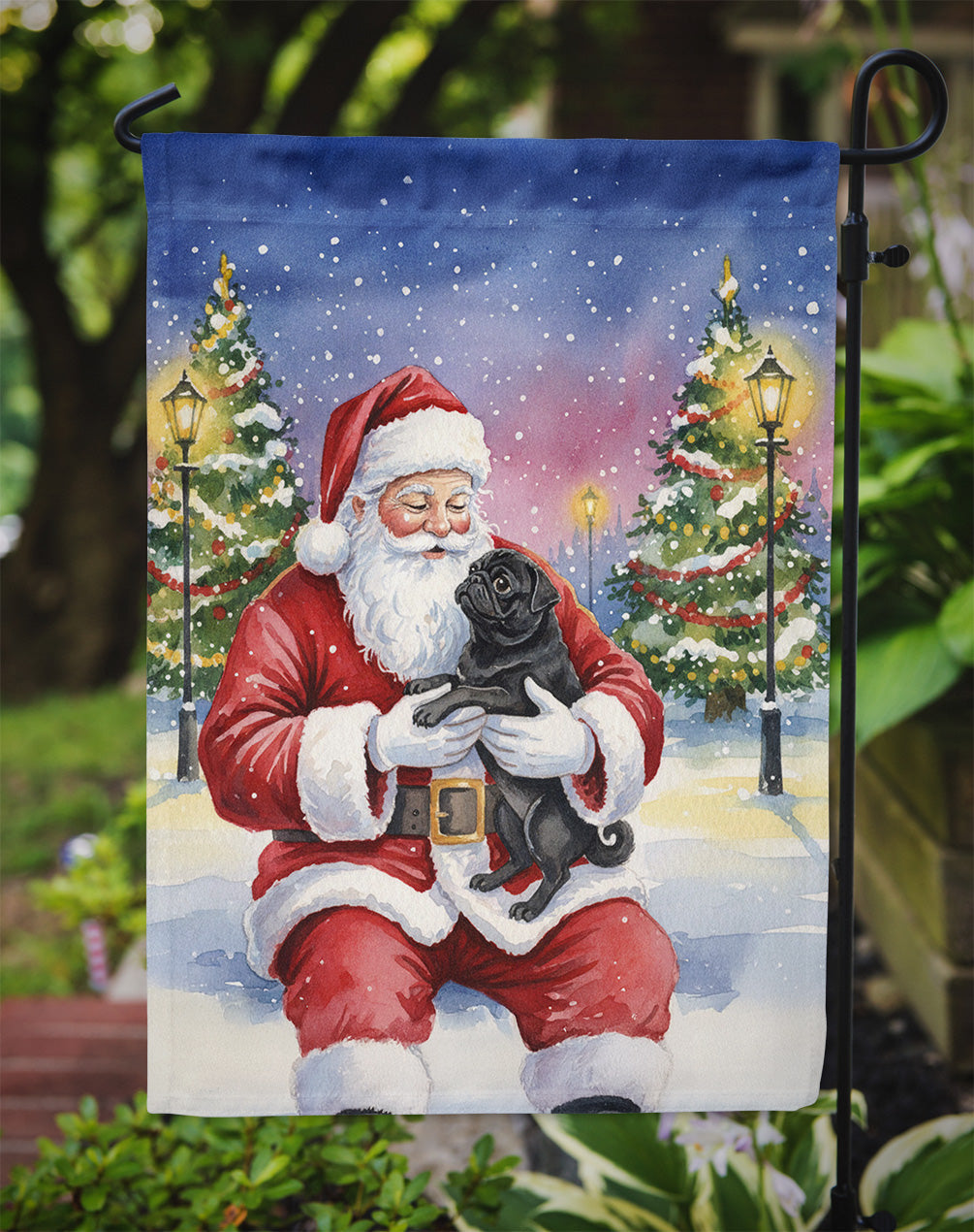 Black Pug with Santa Claus Garden Flag Mailbox Decorative Yard Banner Outside Patio Artwork for Flower Beds, Garden Size, Multicolor