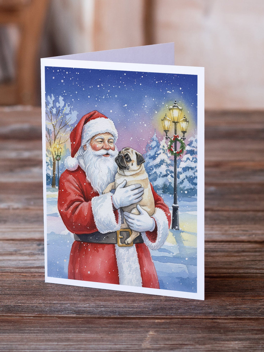 Pug with Santa Claus Greeting Cards Pack of 8 Blank Cards with Envelopes Whimsical A7 Size 5x7