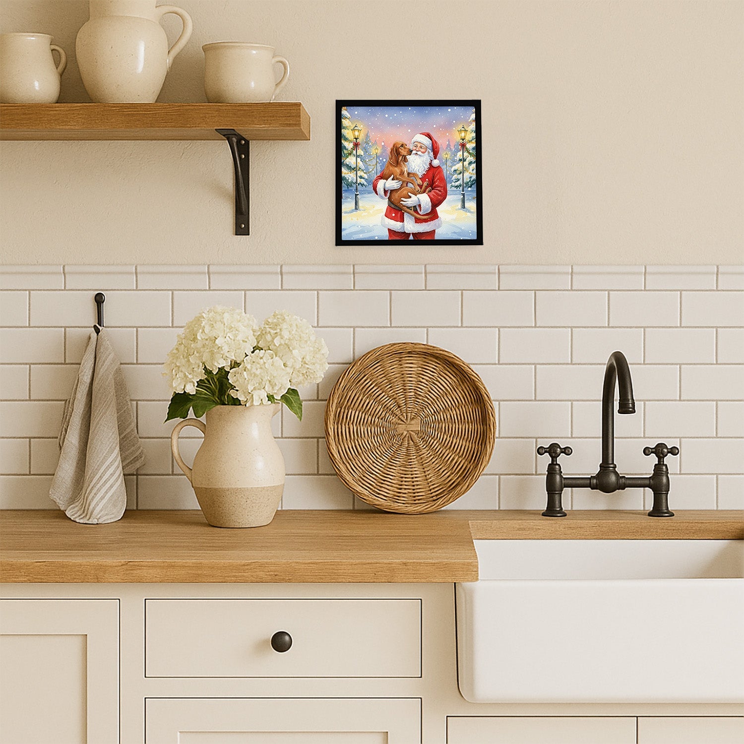 Redbone Coonhound with Santa Claus Framed Metal Print Bathroom, Kitchen, Office, Home Decor Wall Art Ready to Hang, Square, 8X8