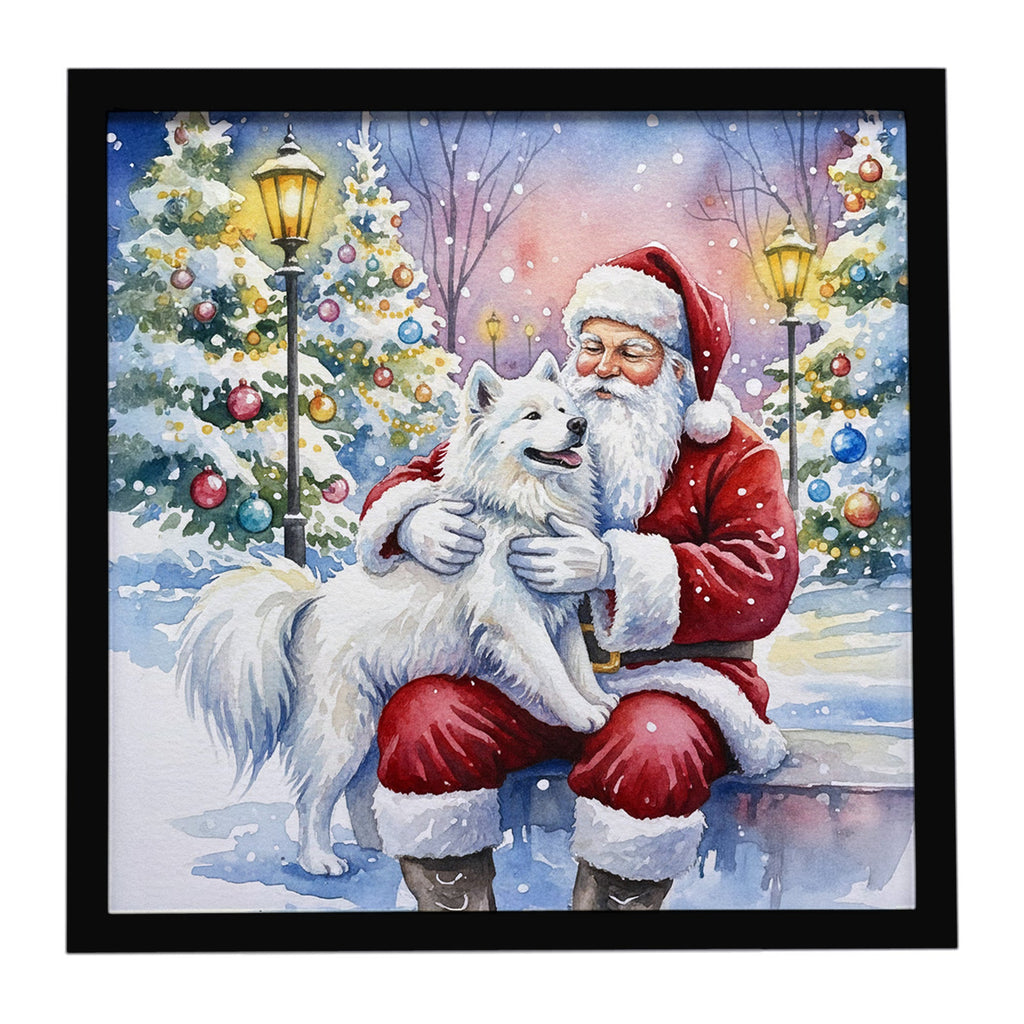 Samoyed with Santa Claus Framed Metal Print Bathroom, Kitchen, Office, Home Decor Wall Art Ready to Hang, Square, 8X8