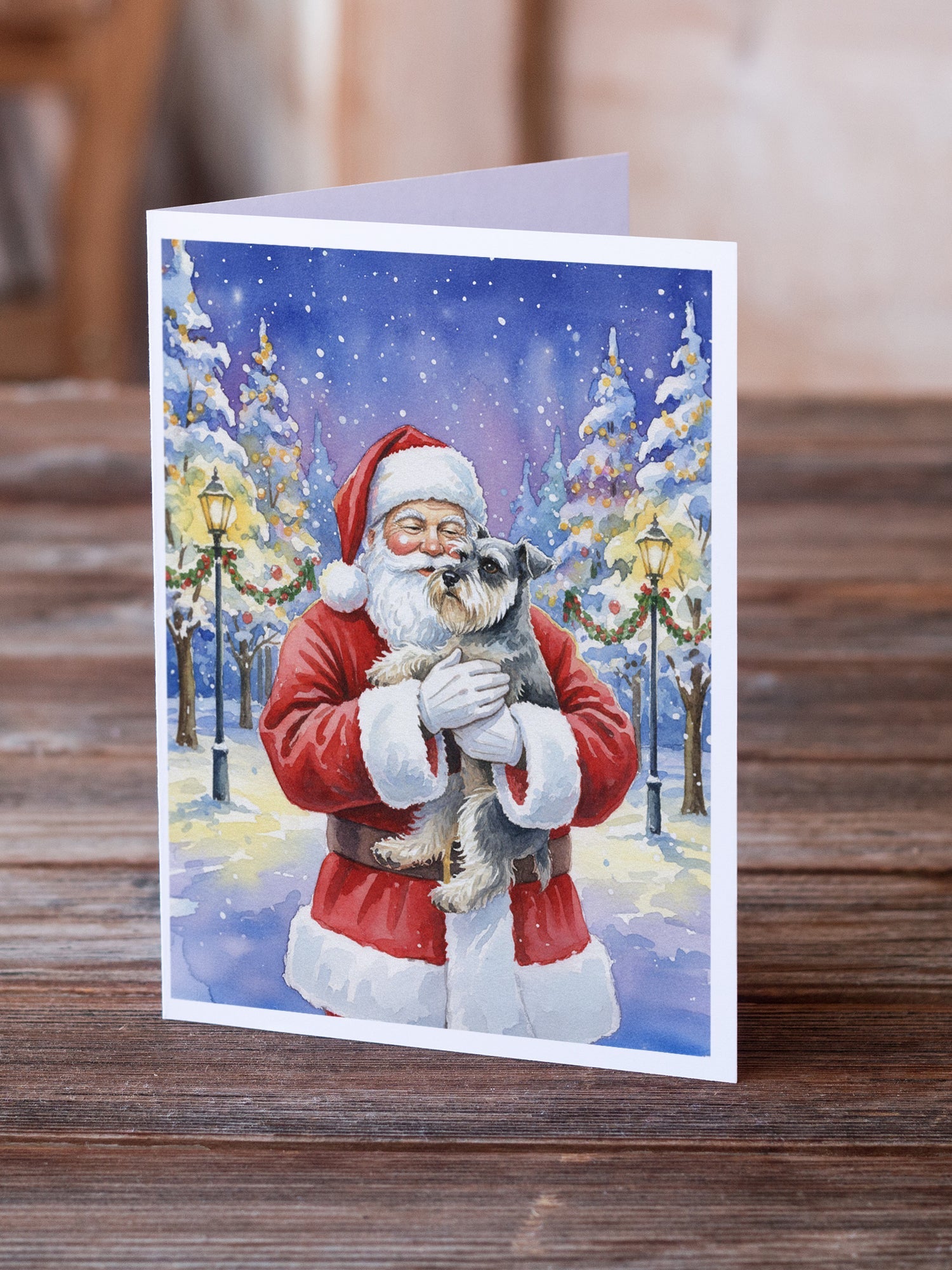 Schnauzer with Santa Claus Greeting Cards Pack of 8 Blank Cards with Envelopes Whimsical A7 Size 5x7