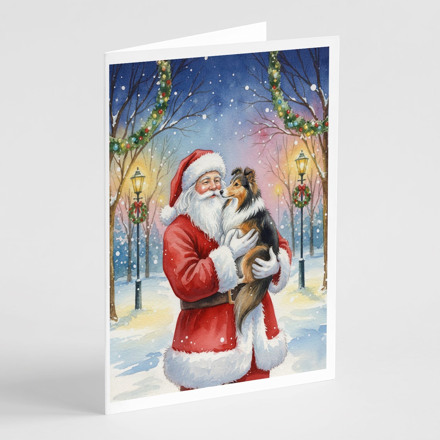 Sheltie with Santa Claus Greeting Cards Pack of 8 Blank Cards with Envelopes Whimsical A7 Size 5x7