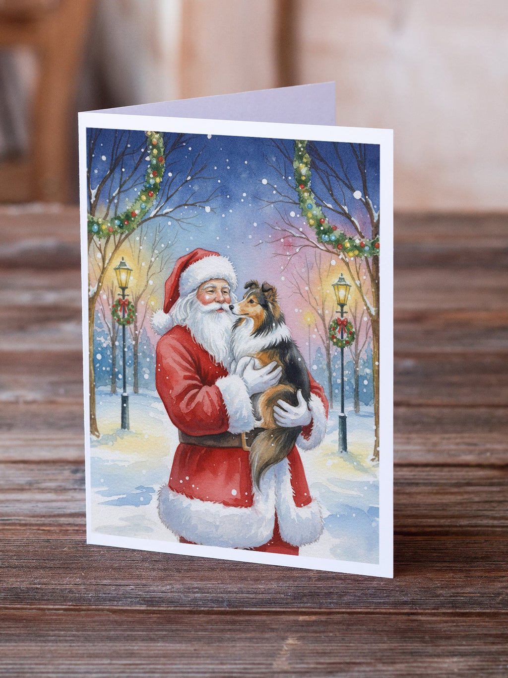 Sheltie with Santa Claus Greeting Cards Pack of 8 Blank Cards with Envelopes Whimsical A7 Size 5x7