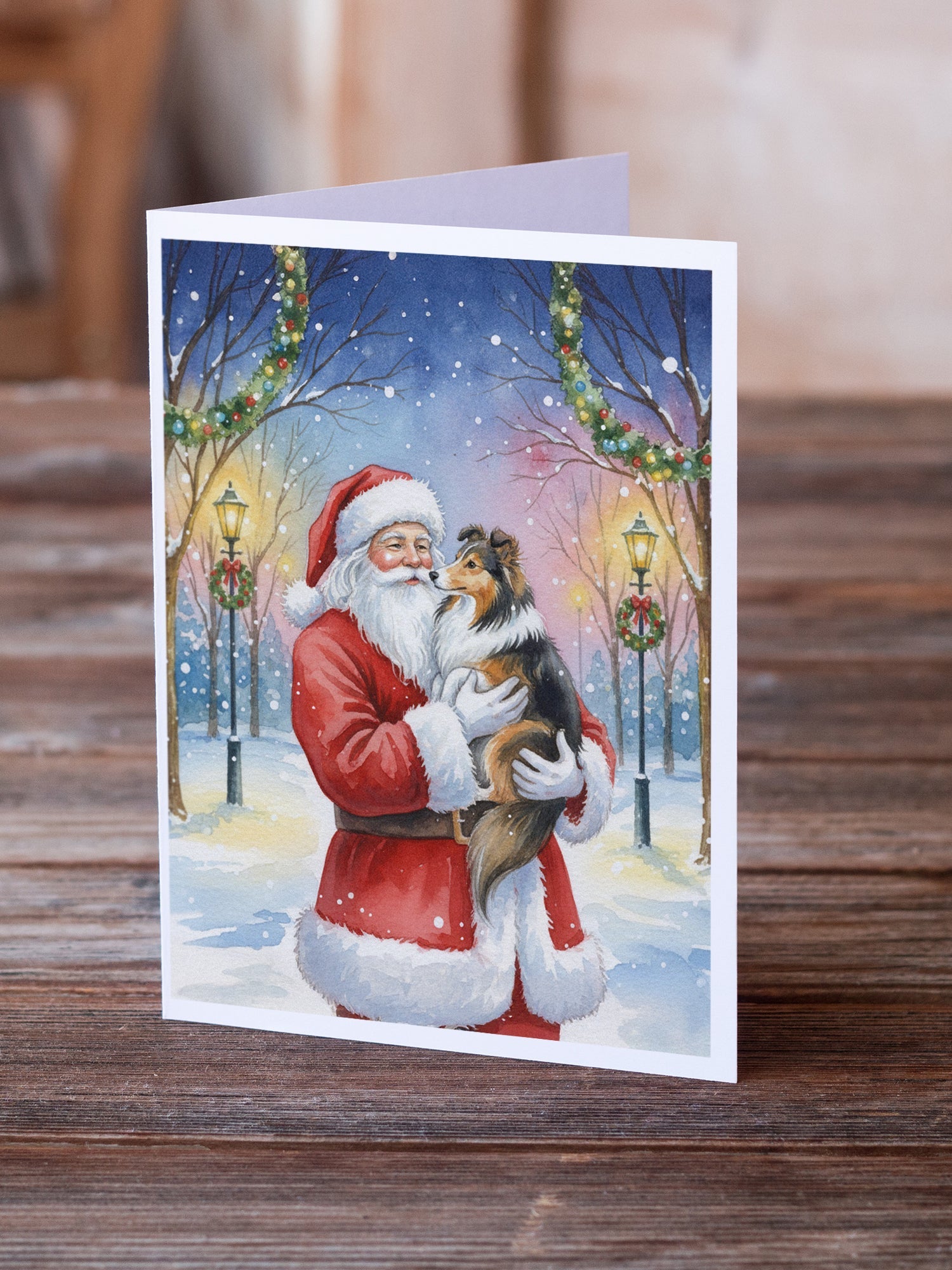 Sheltie with Santa Claus Greeting Cards Pack of 8 Blank Cards with Envelopes Whimsical A7 Size 5x7