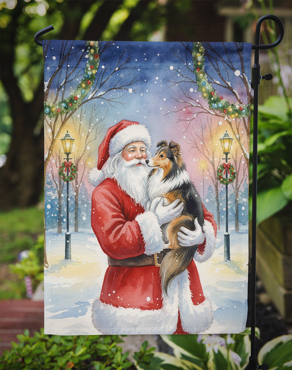 Sheltie with Santa Claus Garden Flag Mailbox Decorative Yard Banner Outside Patio Artwork for Flower Beds, Garden Size, Multicolor